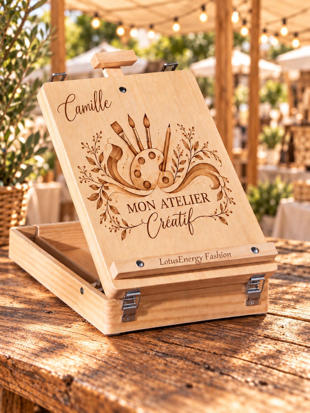Personalised artist’s easel box engraved with the name Camille and a creative design