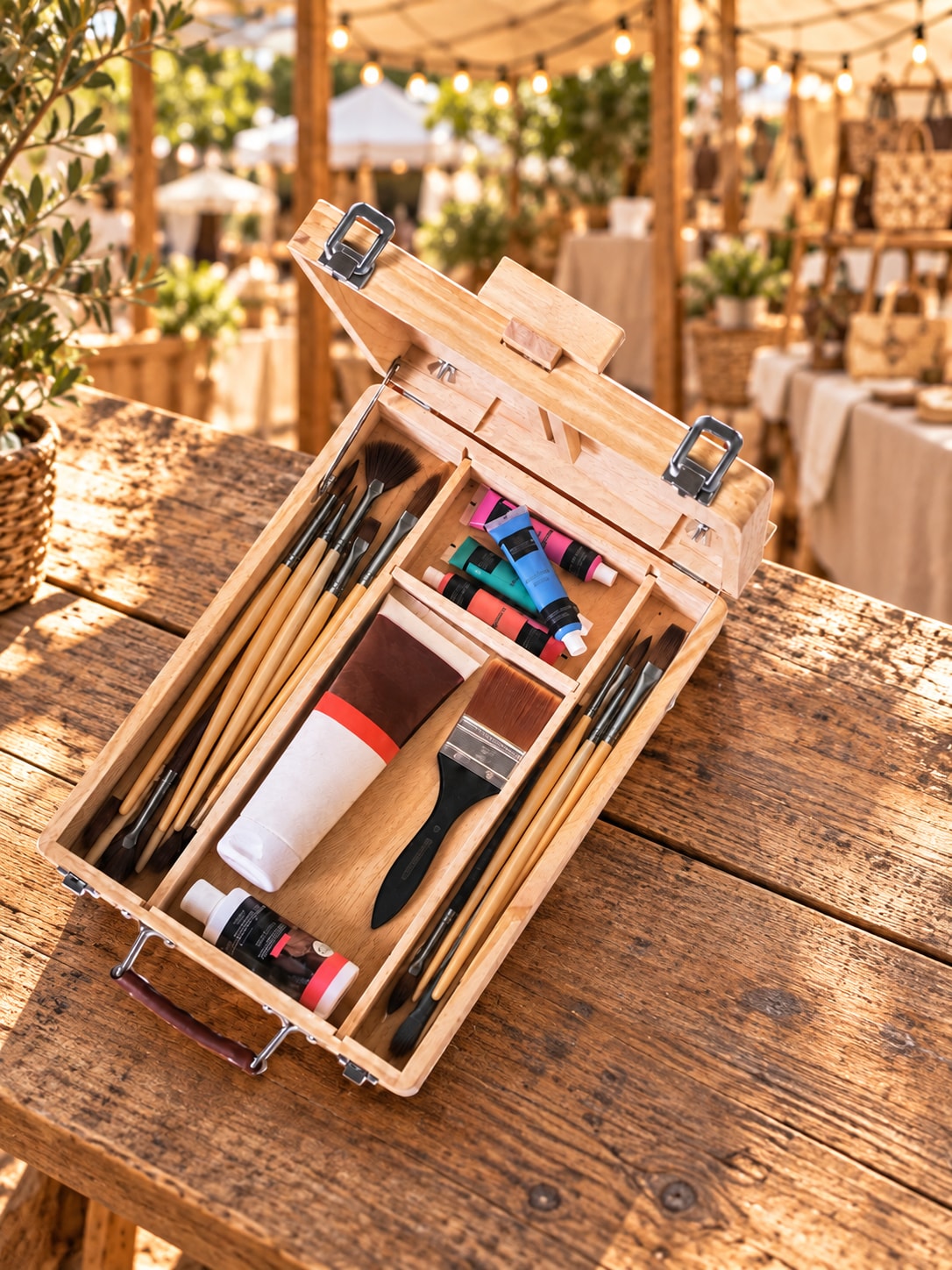 Inside view of the artist’s easel box with its compartments and brushes