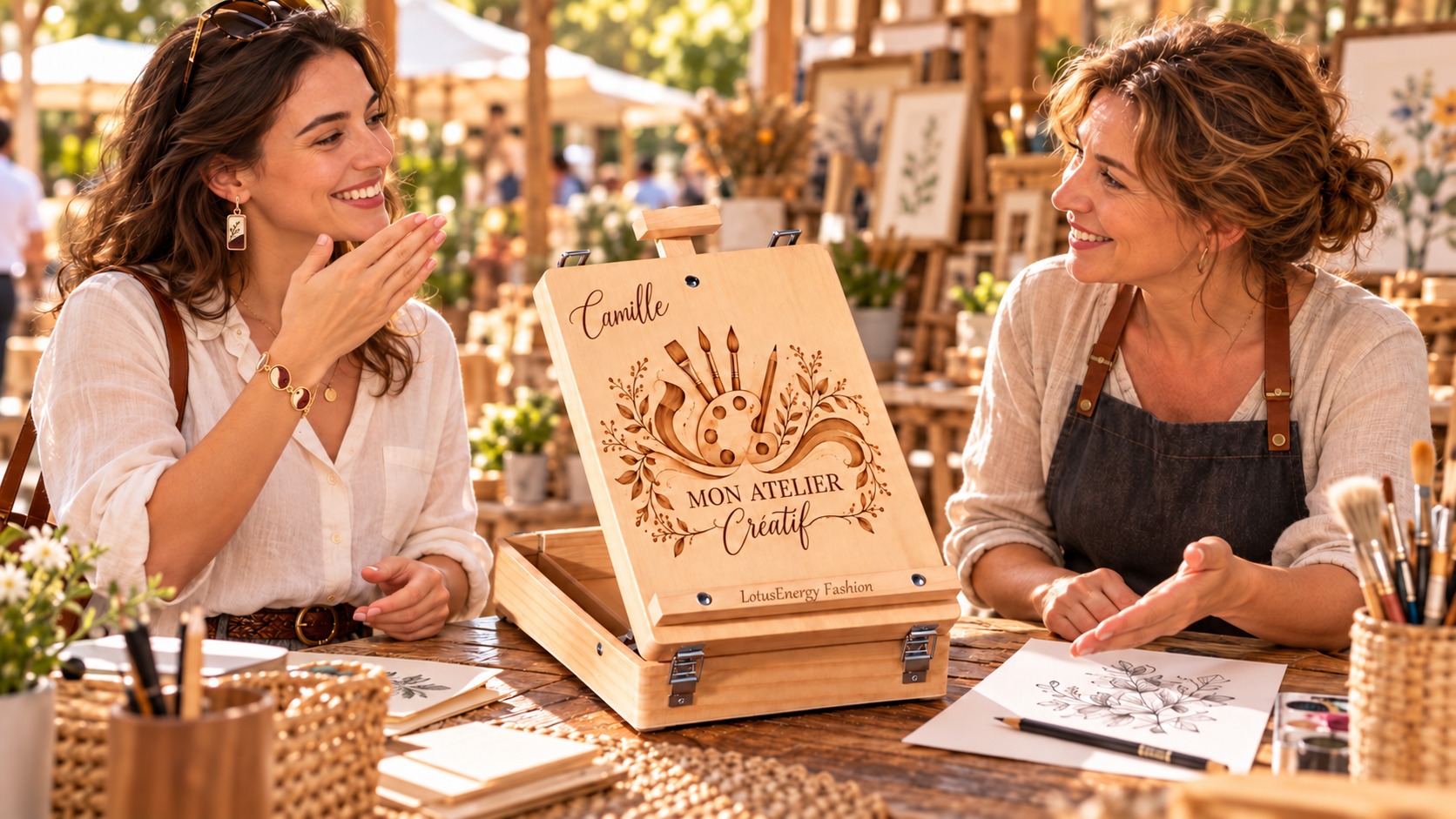 Reference CS 6b — Deaf customer wearing BI 13 earrings and the BI 7 bracelet while using French Sign Language with an artisan beside a personalised wooden easel