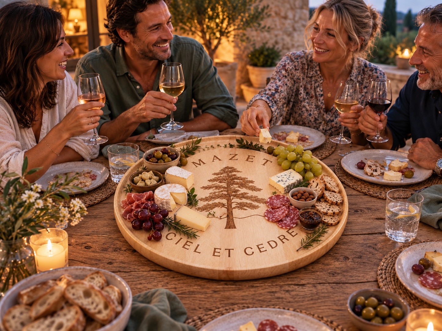 Reference CS 13b — adult guests sharing drinks and apéritifs from the large Mazet Ciel et Cèdre serving board