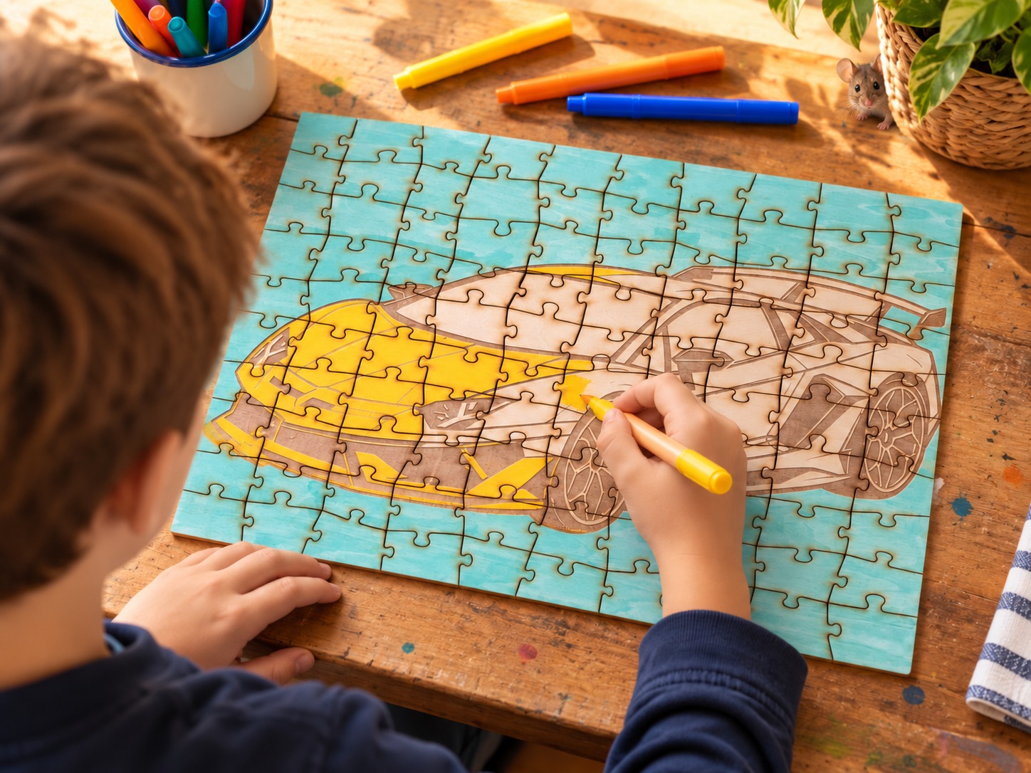 Référence CS 14b — enfant vu de dos coloriant son puzzle en bois Lamborghini, avec une petite souris cachée près de la plante