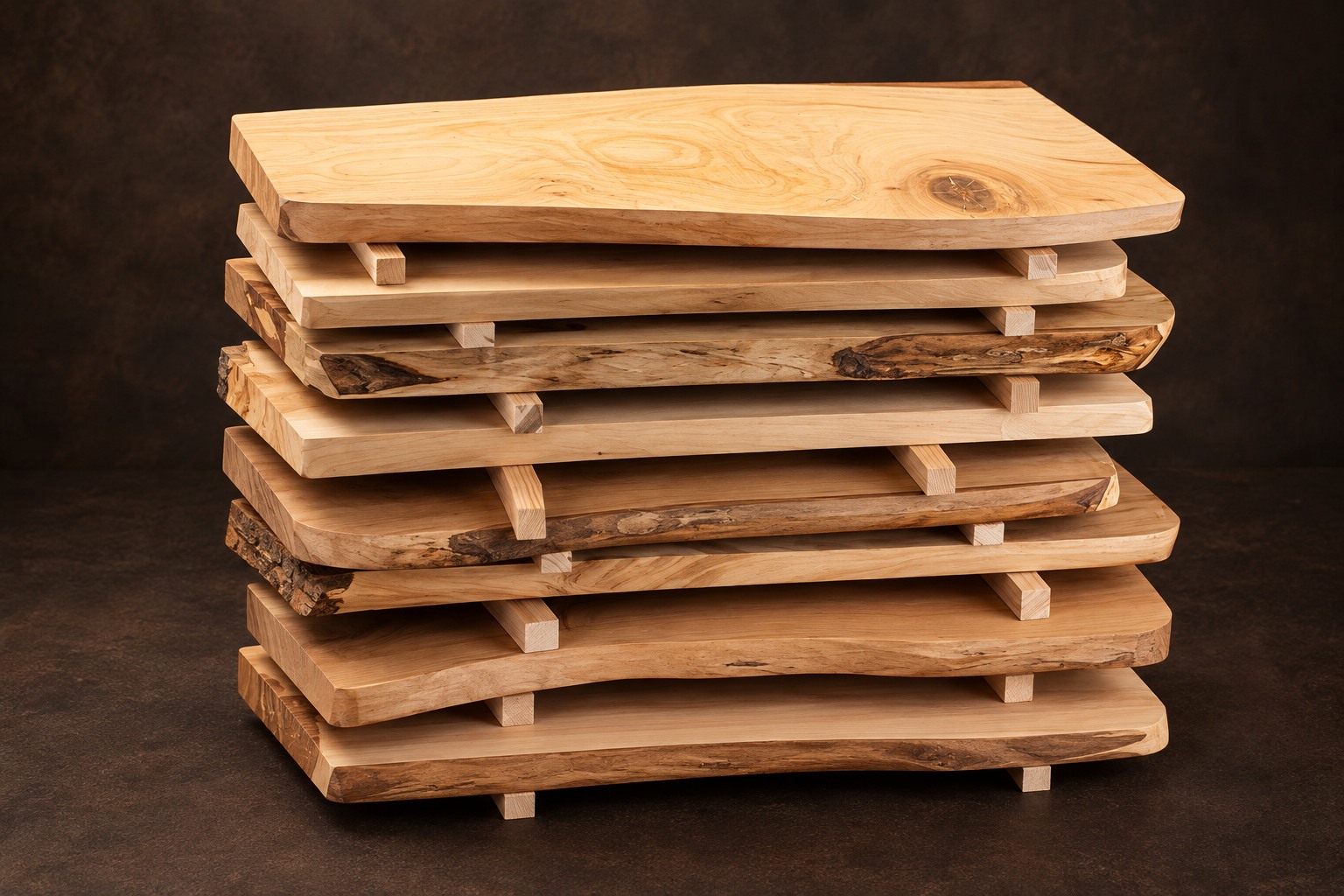 Collection of hardwoods from naturally fallen trees, dried and prepared for bespoke engraving