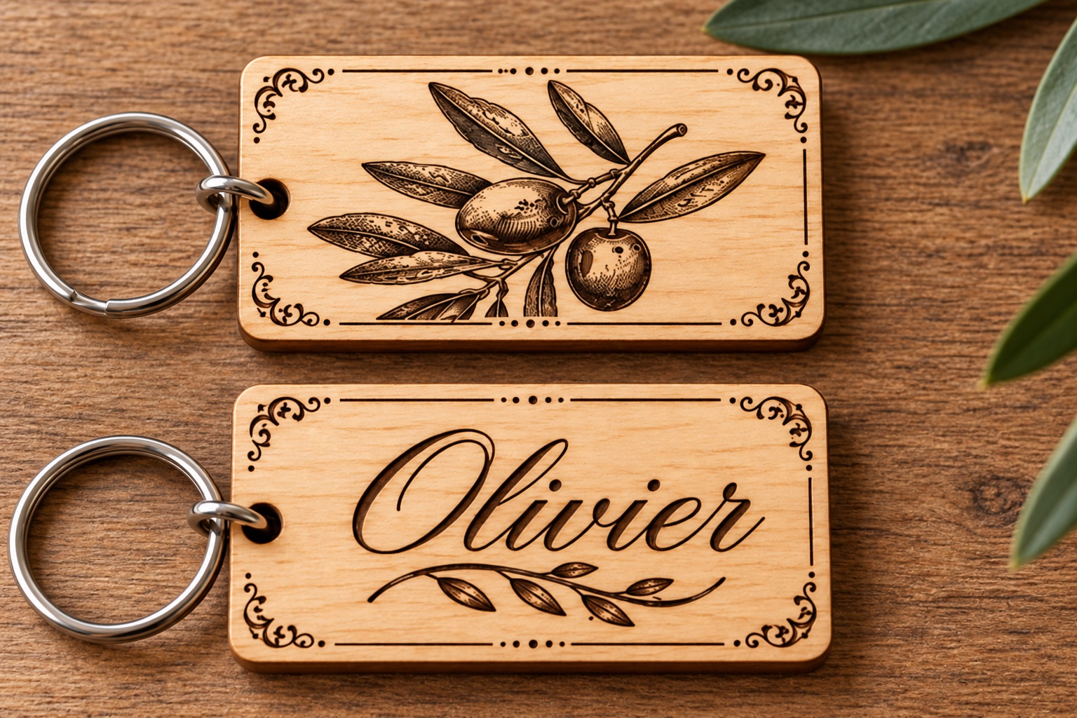 Two matching wooden keyrings with an olive design and the name Olivier