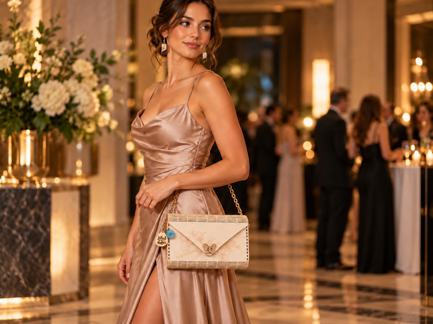 Reference SB 8c — woman in an evening dress carrying the SB 8 wooden bag with the PC 11 bag charm and BI 20 botanical earrings