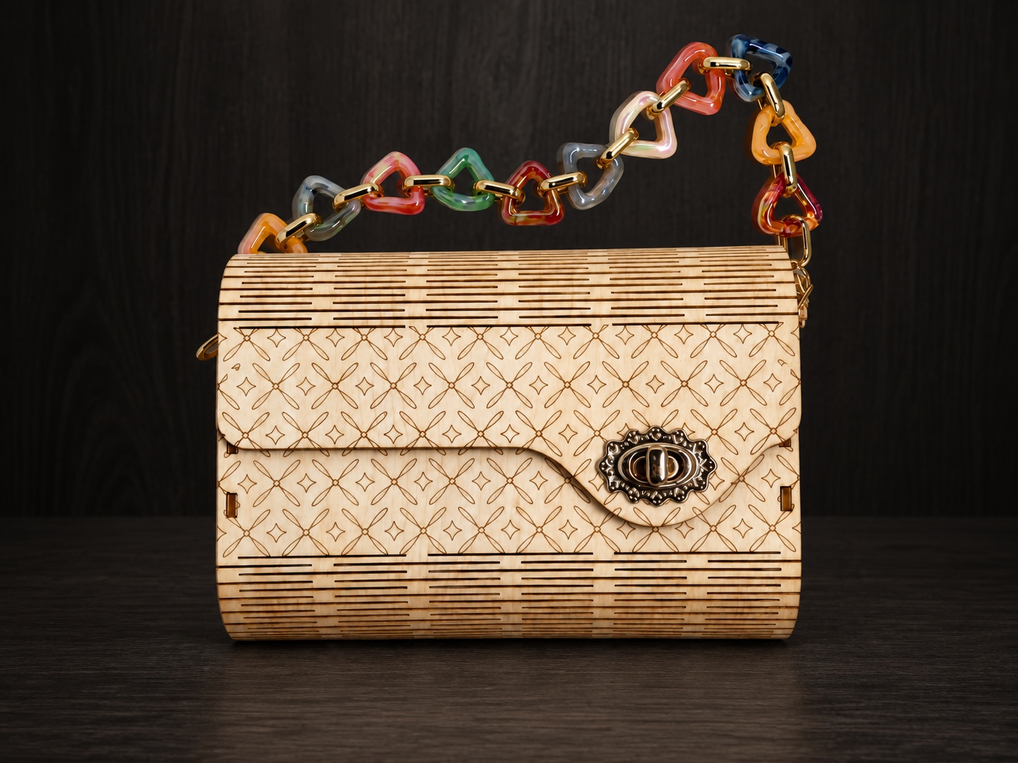 Reference SB 9 — Geometric bag with multicoloured handle — handmade