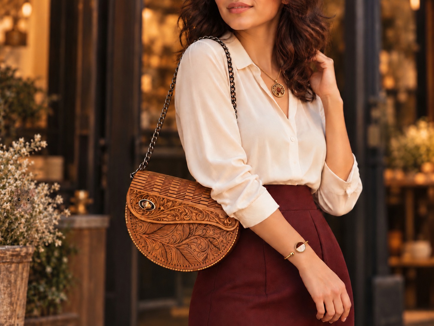 Reference SB 13b — SB 13 botanical half-moon bag worn with the BI 34 necklace and BI 10 cuff