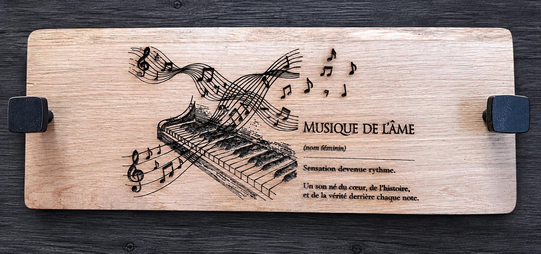 Reference PL 2 — engraved music board made from local ash — 15 × 39 cm