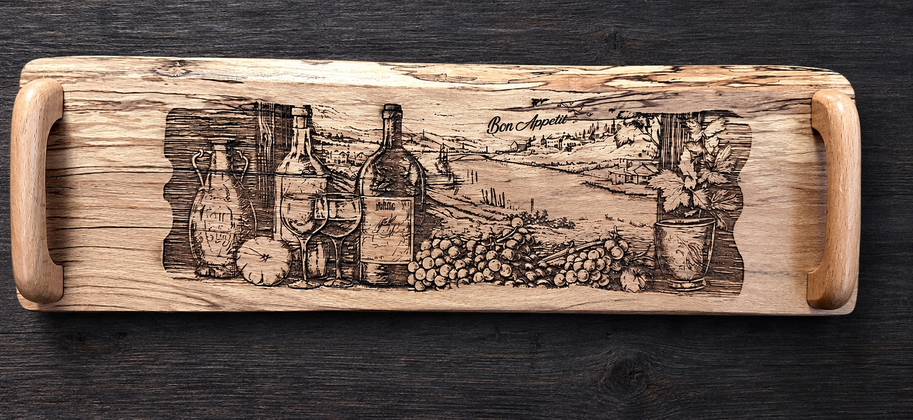 Reference PL 3 — spalted beech serving tray with an engraved vineyard scene — 45 × 14 cm