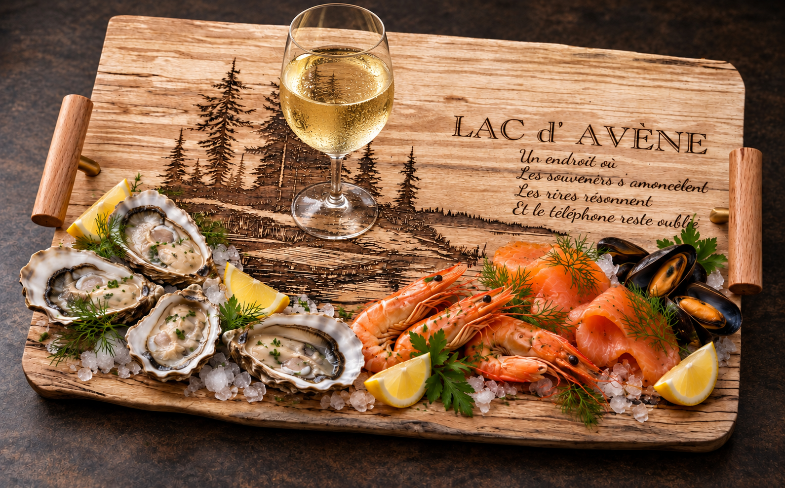 Reference PL 5b — PL 5 Lac d’Avène board with seafood and white wine