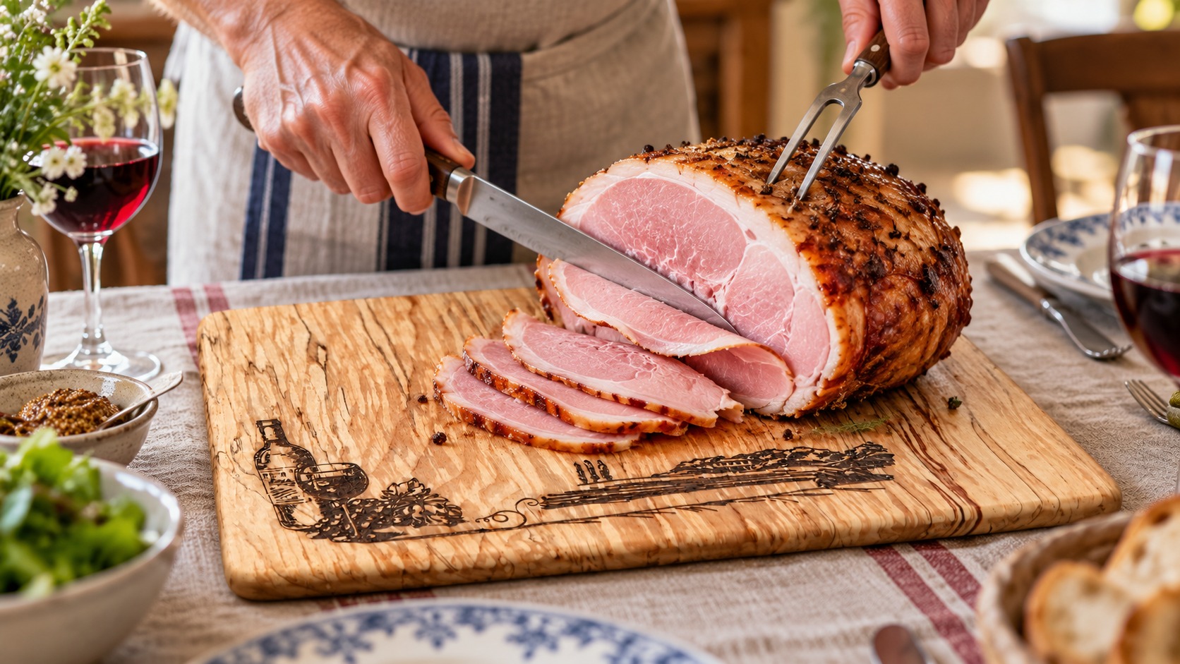 Reference PL 8b — cold ham being carved on the PL 8 vineyard board