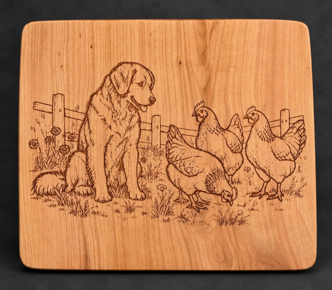 Completely bespoke wild-cherry board engraved with a customer’s dog and chickens