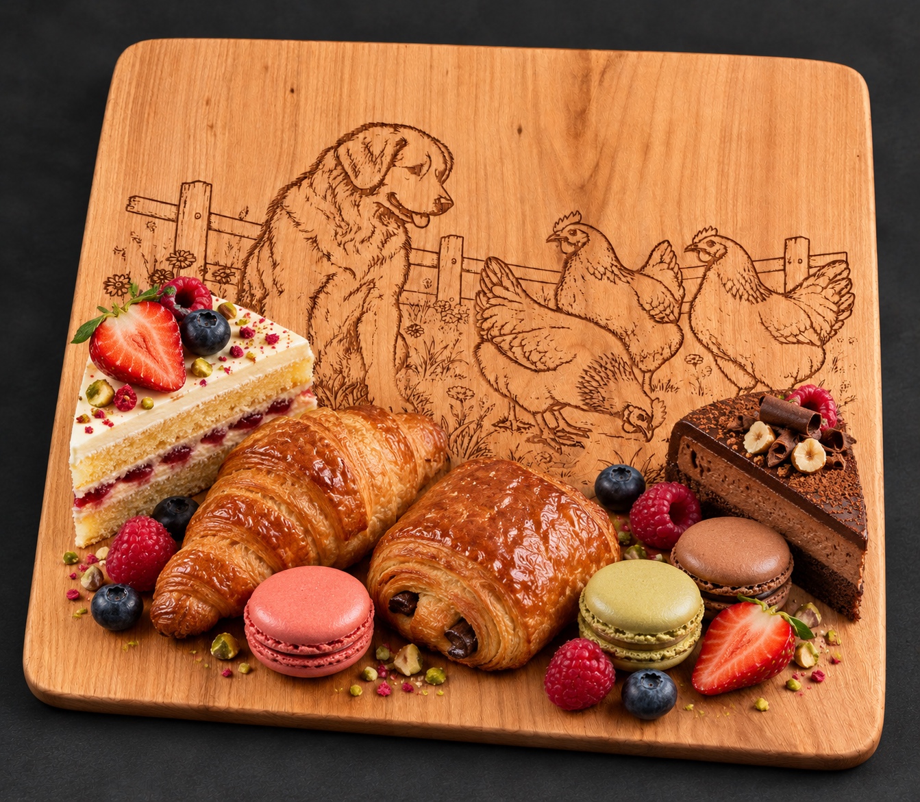 The same bespoke dog-and-chickens board presented with cakes, pastries and macarons