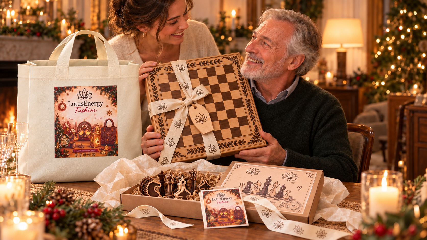 A daughter presents a large handmade wild-cherry chessboard to her delighted father beside its cloth bag, silk tissue, card and box of handmade pieces