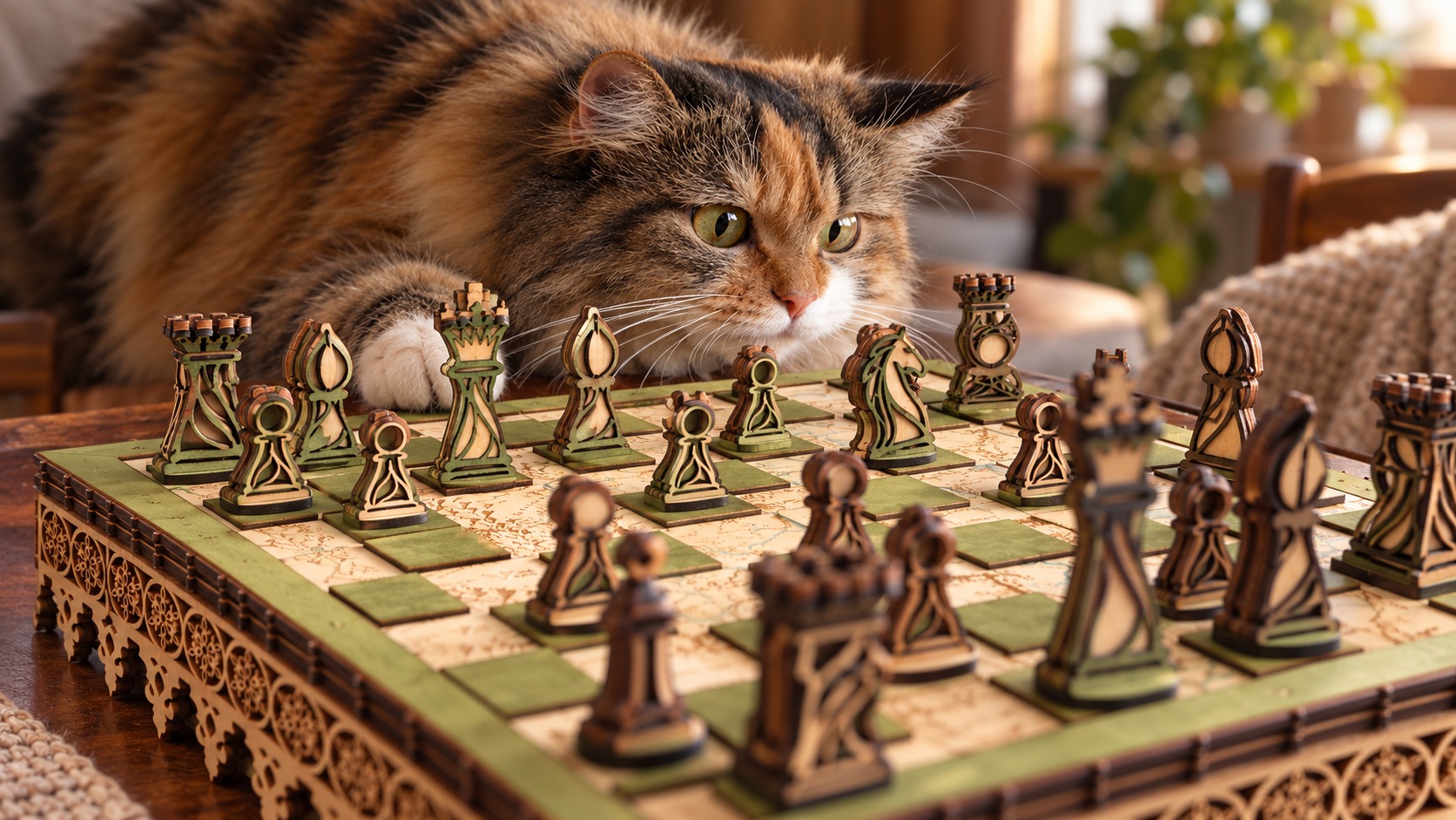 Reference JE 3d — a deeply concentrated cat studies the handmade Middle-earth chessboard and its wooden pieces