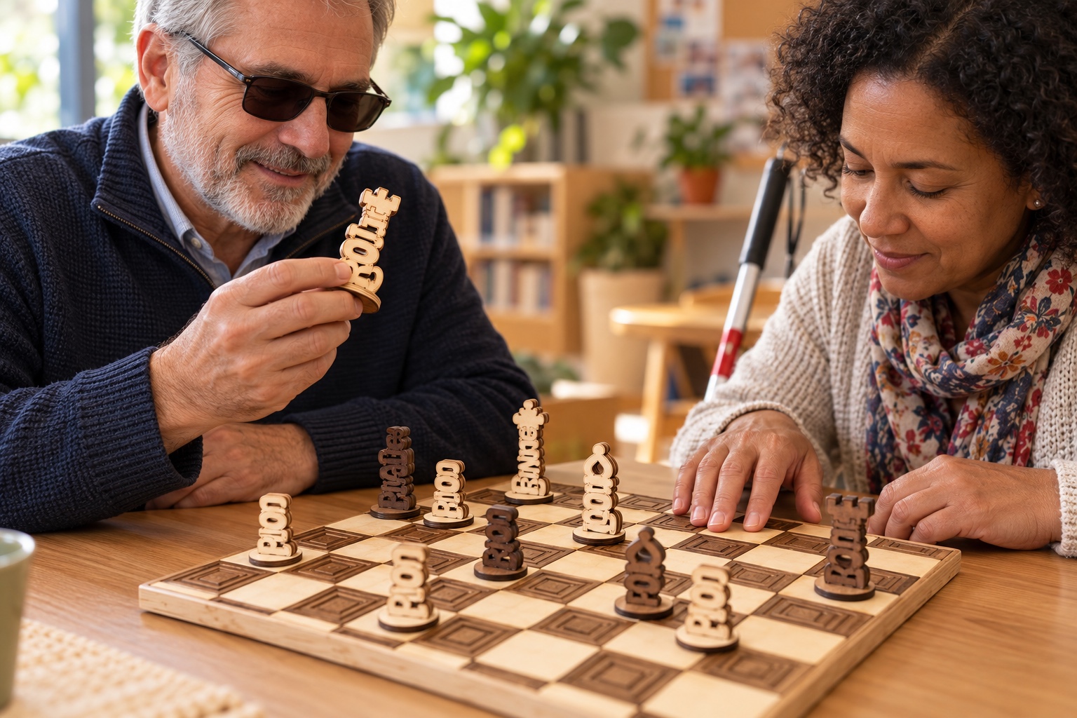 Reference JE 4d — two partially sighted players use the tactile chessboard and identify its engraved pieces by touch