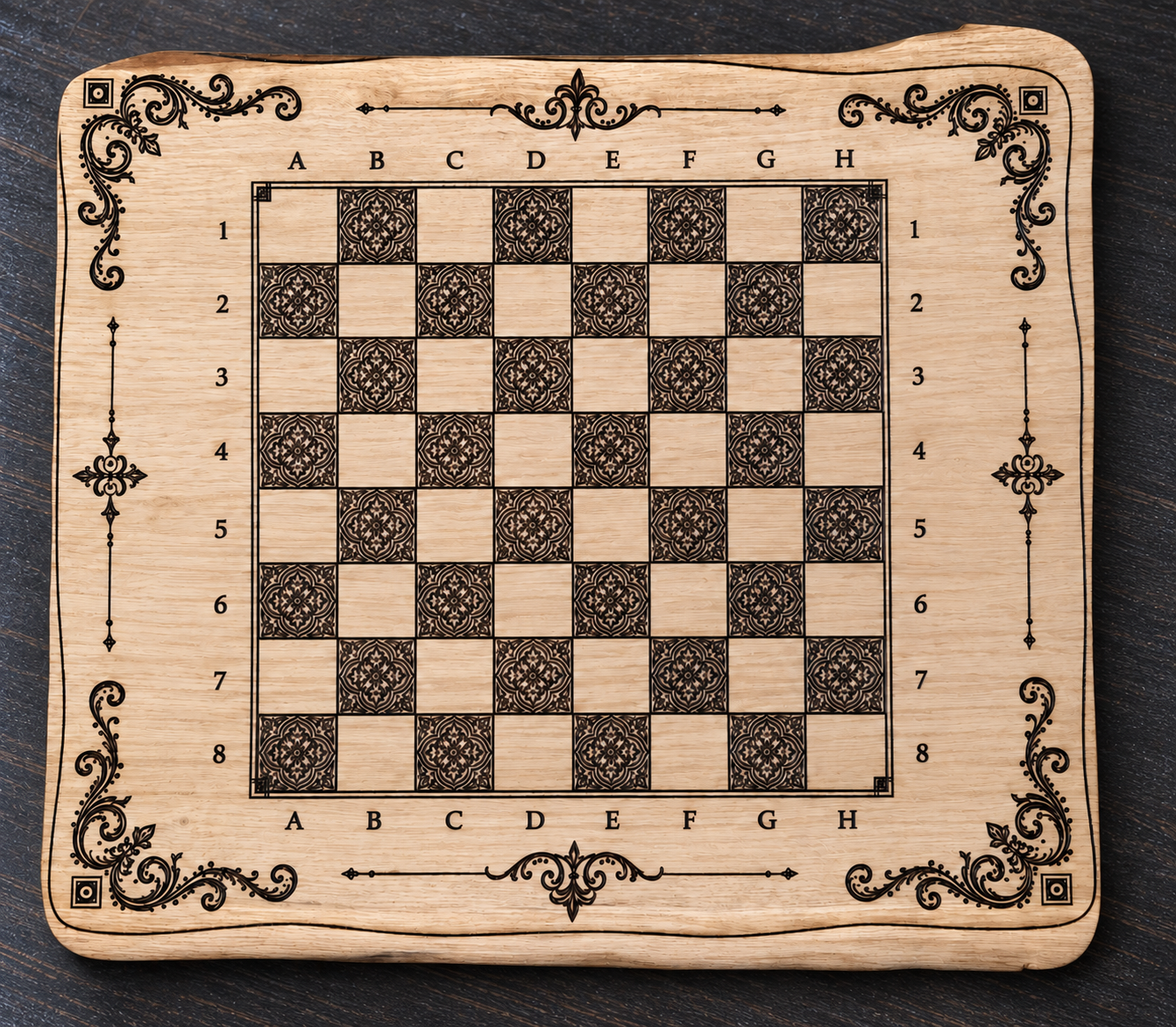 Reference JE 8 — solid ash chessboard with handmade chess pieces