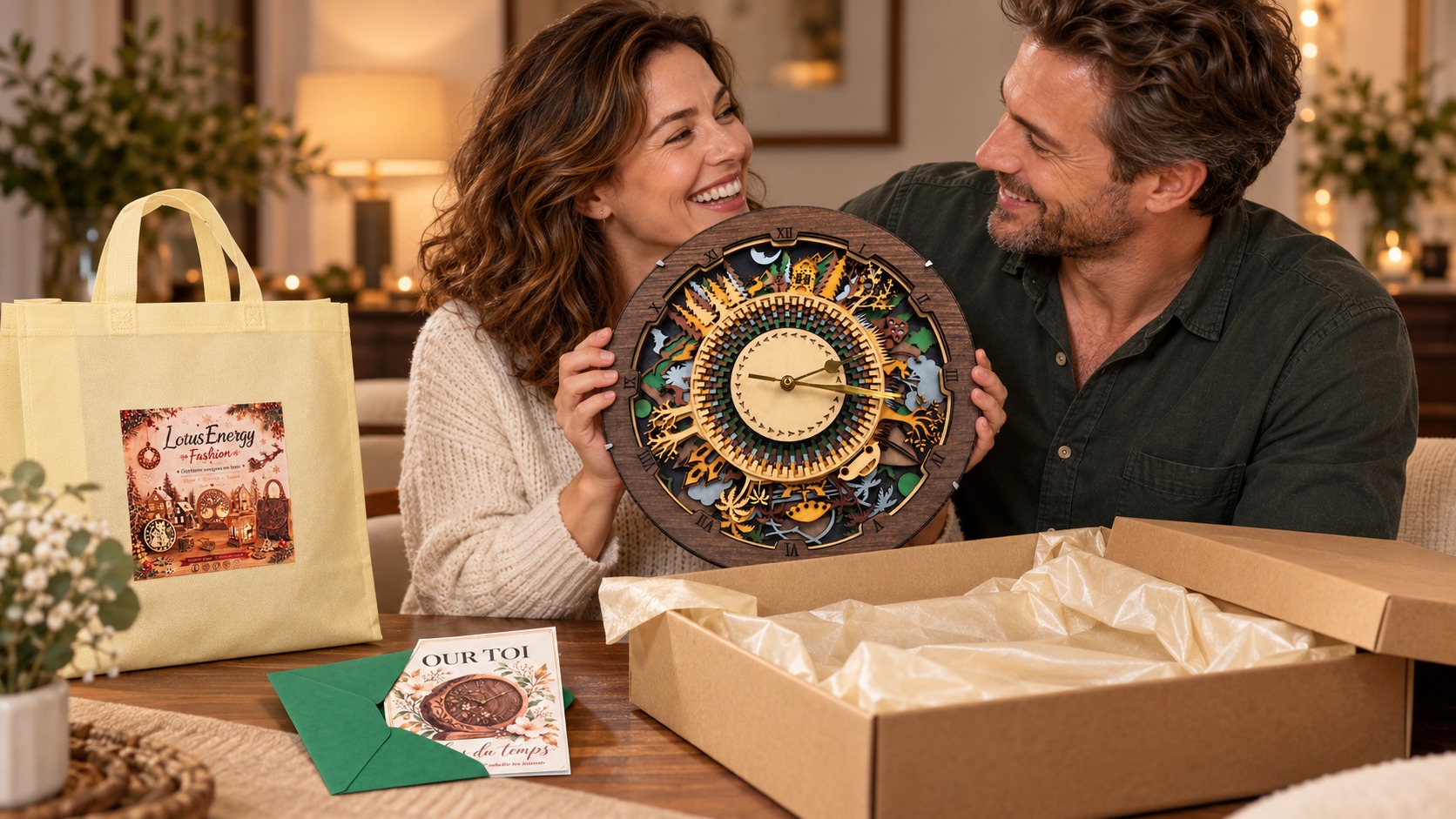 A delighted recipient holds the HO 2 fantasy woodland clock beside its cardboard gift box, silk wrapping, complimentary card and large cloth bag