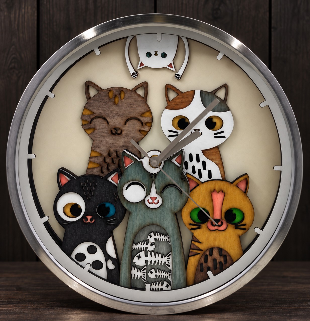 Reference HO 5 — round wooden clock with five colourful cats and a small cat at the top on a dark studio background, 29 cm diameter