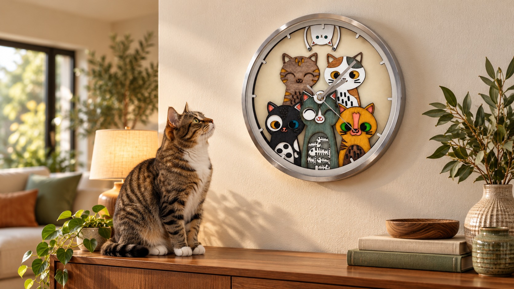 Reference HO 5b — HO 5 cat clock above a wooden sideboard, watched with curiosity by a real cat