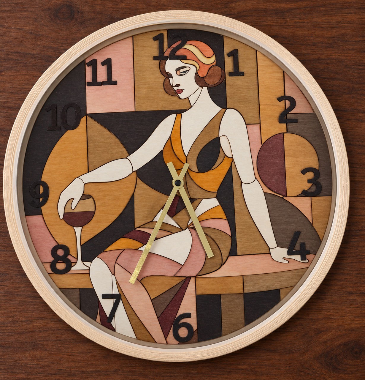 Reference HO 7 — Art Deco woman wood marquetry clock with glass front and wooden surround, 37 cm diameter