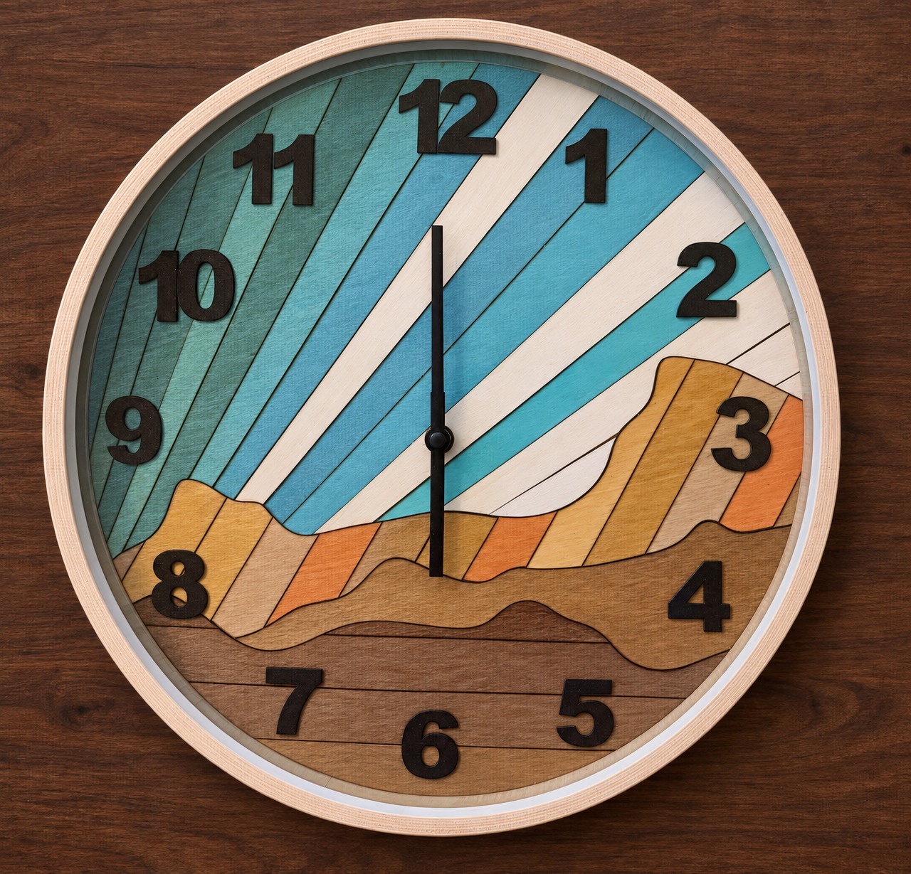 Reference HO 8 — blue graphic landscape wood marquetry clock with glass front and wooden surround, 37 cm diameter