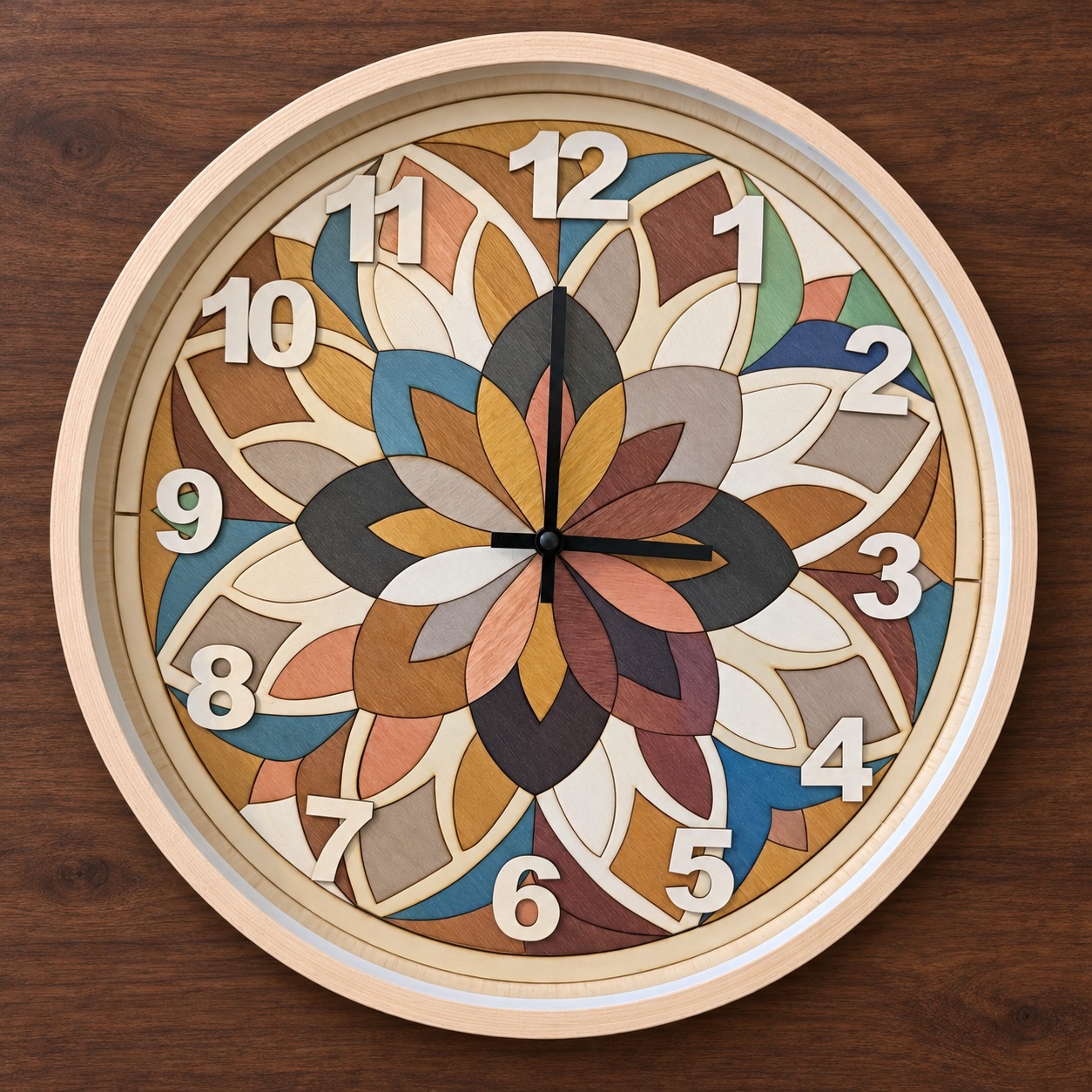 Reference HO 9 — floral wood marquetry clock with glass front and wooden surround, 37 cm diameter