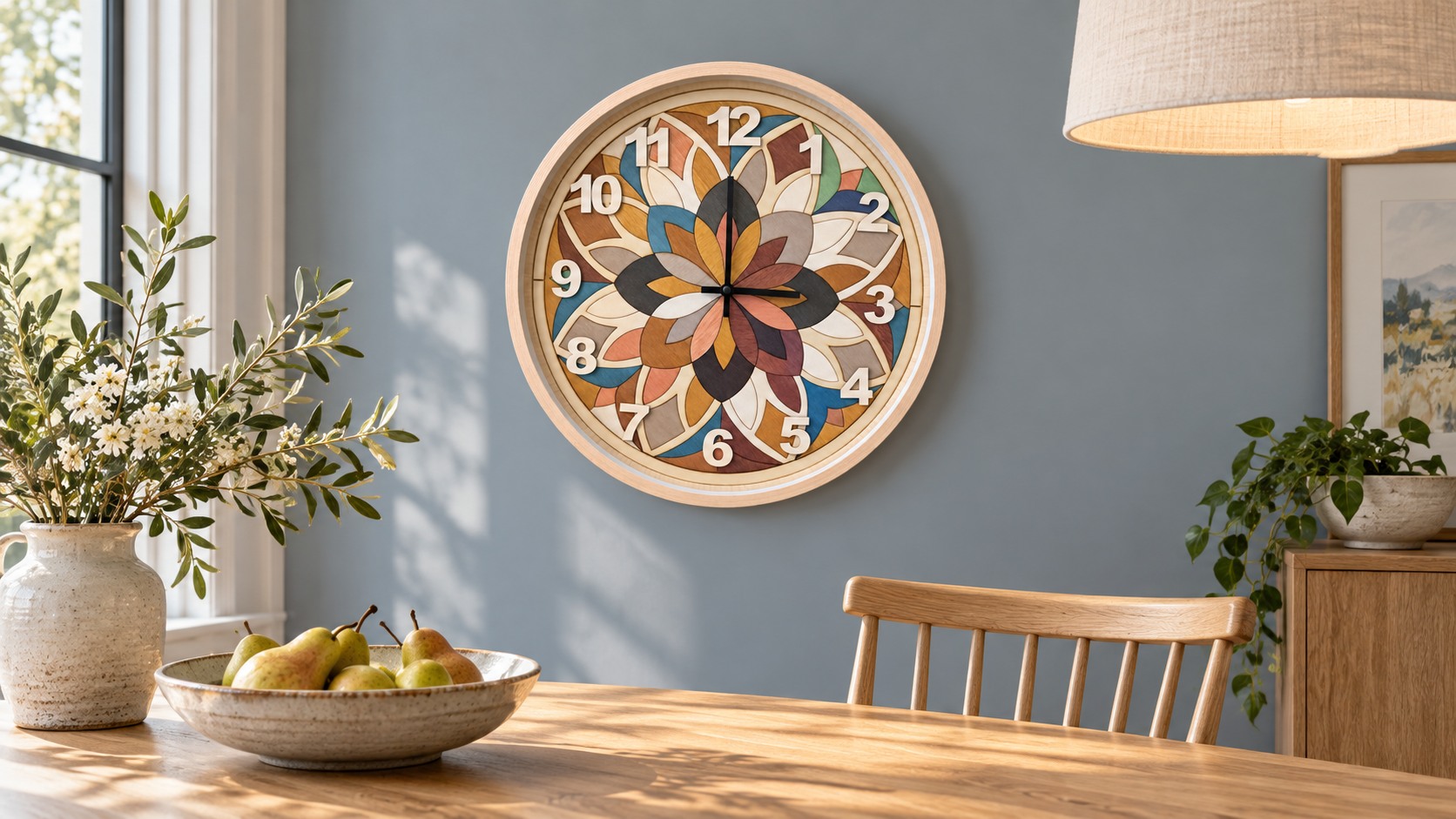 Reference HO 9b — floral marquetry clock displayed on a blue-grey wall in a bright dining room