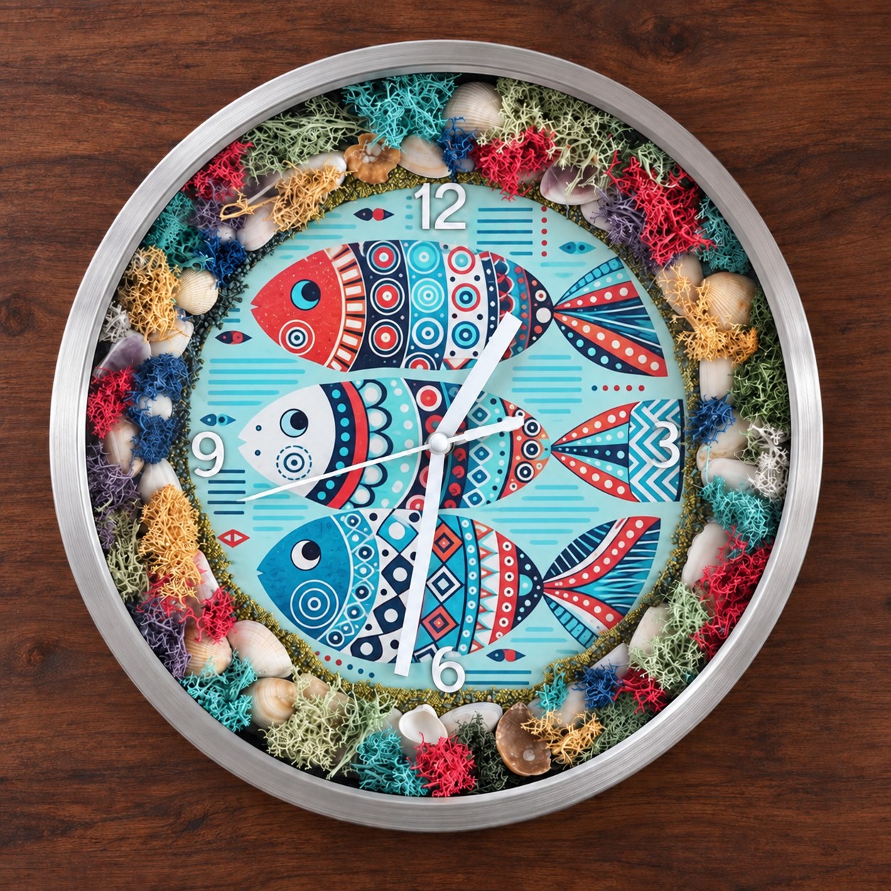 Reference HO 10 — decorative fish clock with shells, colourful lichen and glass front, 28.3 cm diameter