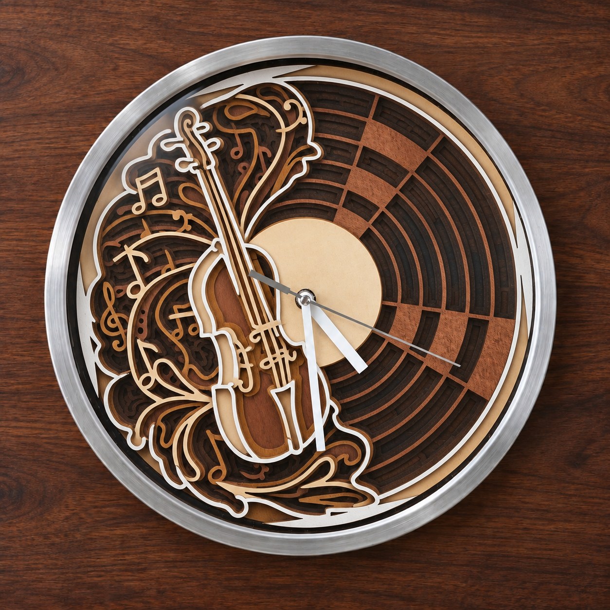 Reference HO 12 — wooden violin and music clock with glass front, 28.3 cm diameter
