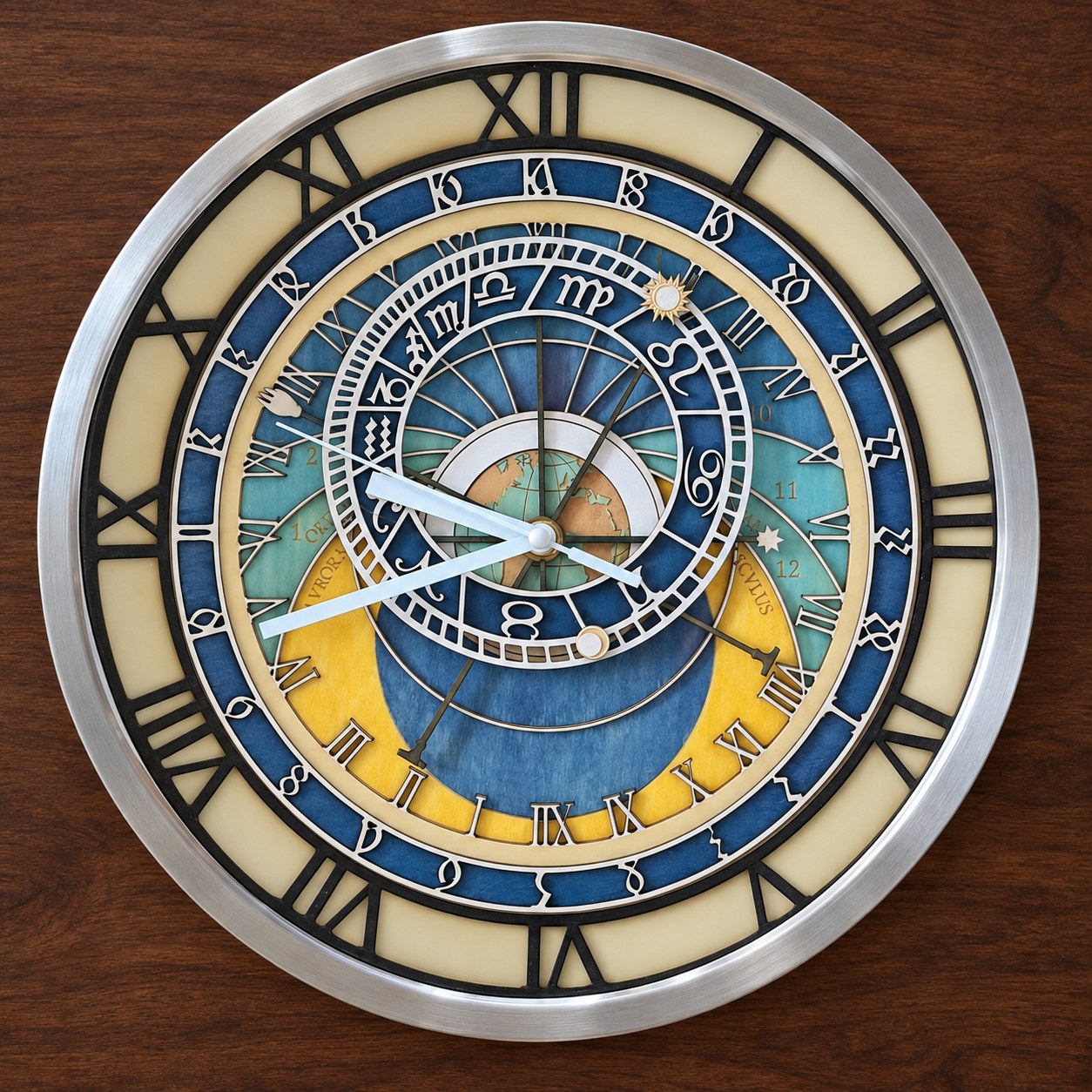 Reference HO 13 — multi-dial astronomical clock with Roman numerals, zodiac details and glass front, 28.3 cm diameter