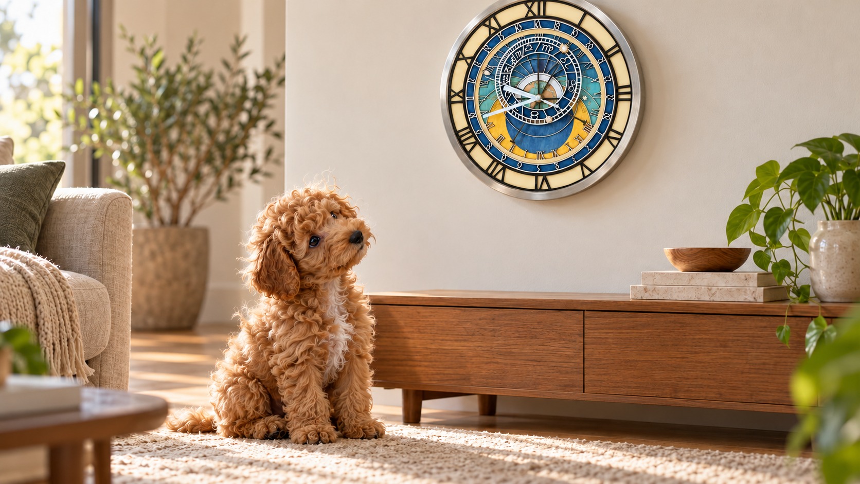 Reference HO 13b — a slightly scruffy puppy tilts its head in puzzlement while studying the HO 13 astronomical clock