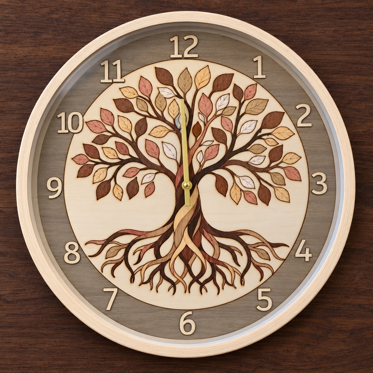 Reference HO 16 — round Tree of Life wood marquetry clock with multicoloured leaves, intertwined roots, glass front and light-coloured surround, 37 cm diameter