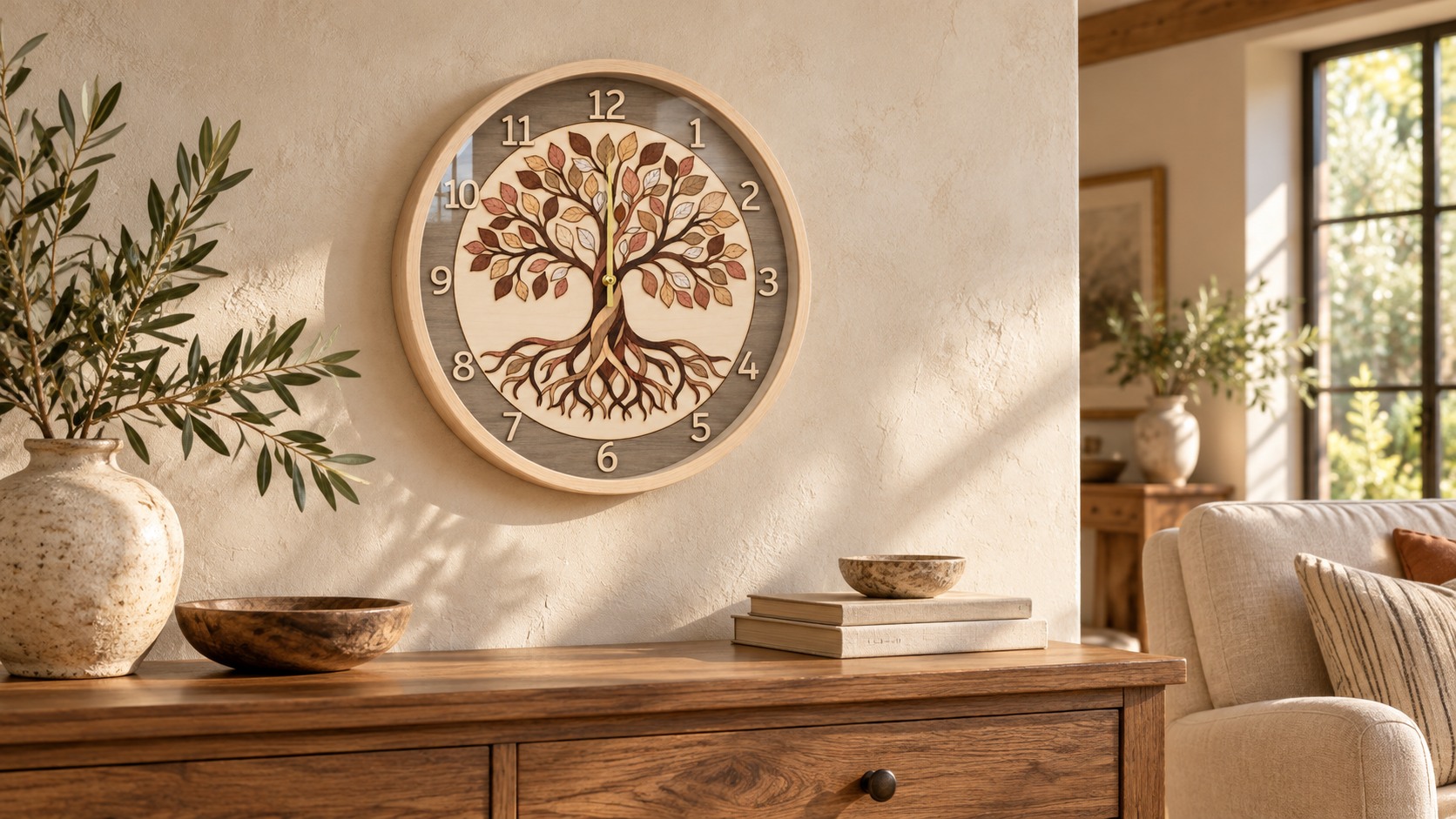 Reference HO 16b — Tree of Life marquetry clock displayed in a warm living room with natural tones