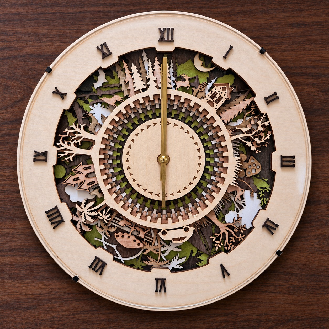 Reference HO 17 — round multi-layered wooden woodland clock with curved glass front and pale wooden surround, 37 cm diameter
