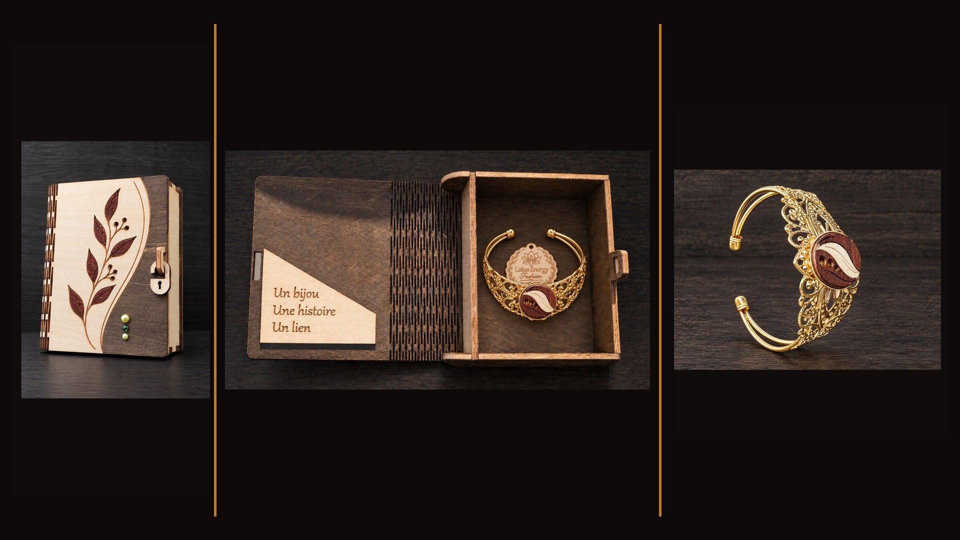 Reference BI 2 — gold filigree leaf cuff bracelet with handmade presentation box, shown in three views