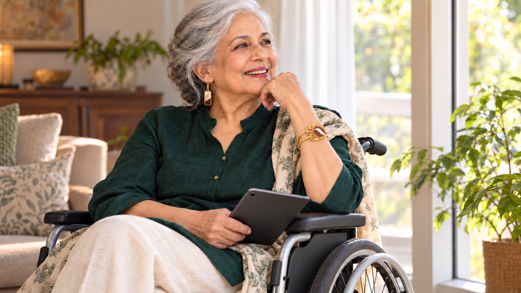 Reference BI 2b — older wheelchair user wearing the BI 2 bracelet and BI 20 botanical earrings while holding a tablet