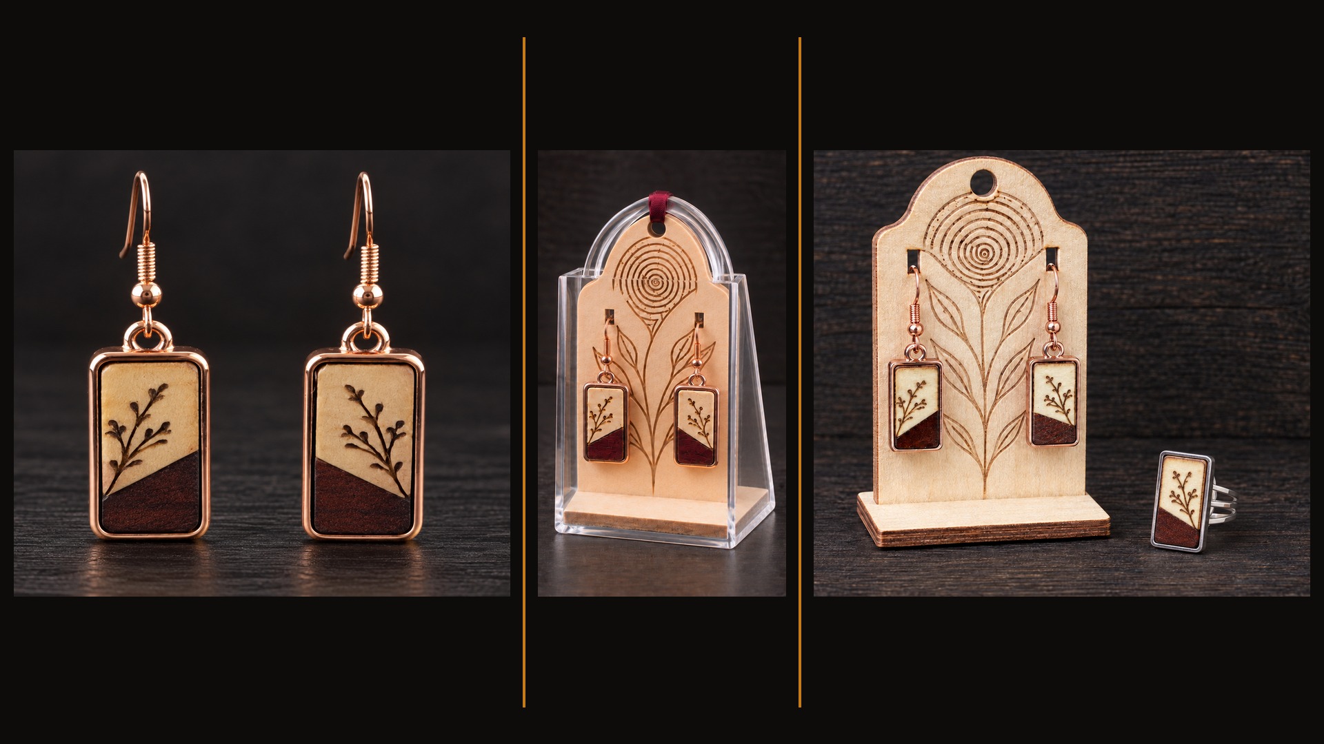 Earrings displayed on their wooden holder inside a transparent Perspex presentation box