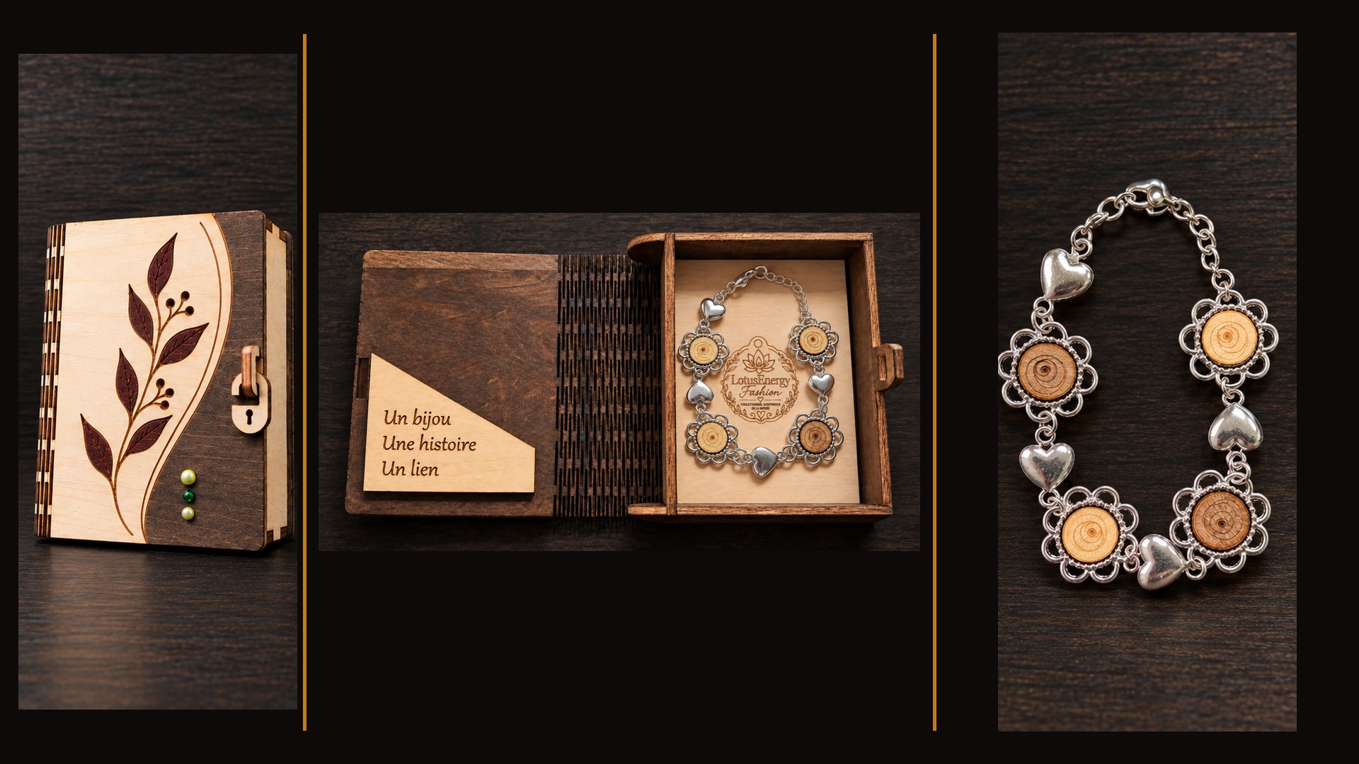 Reference BI 4 — silver-coloured heart bracelet with four natural-wood medallions and its pale-interior handmade presentation box, shown in three views
