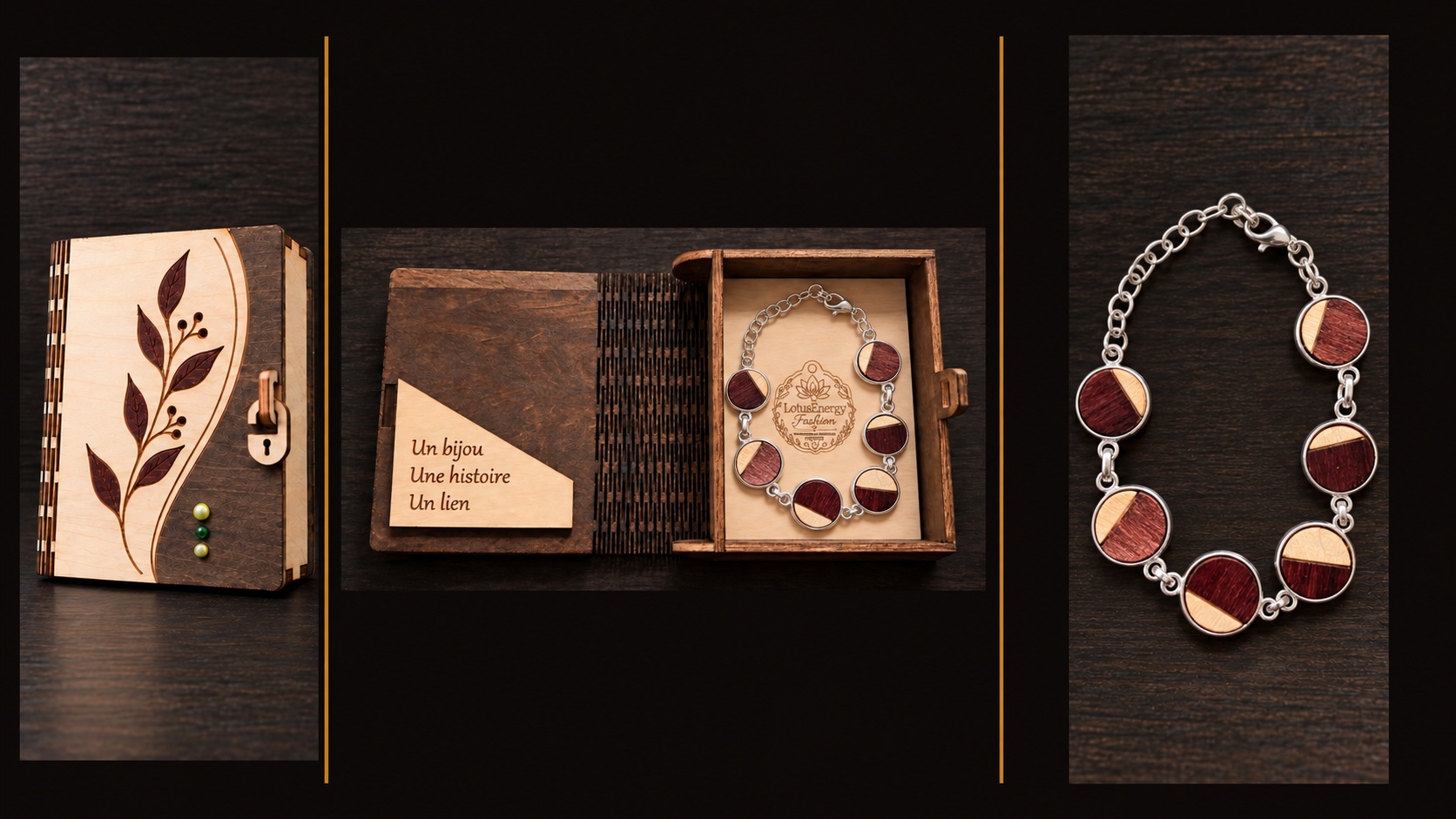 Reference BI 5 — silver-coloured bracelet with six round two-tone wooden medallions and its pale-interior handmade presentation box, shown in three views