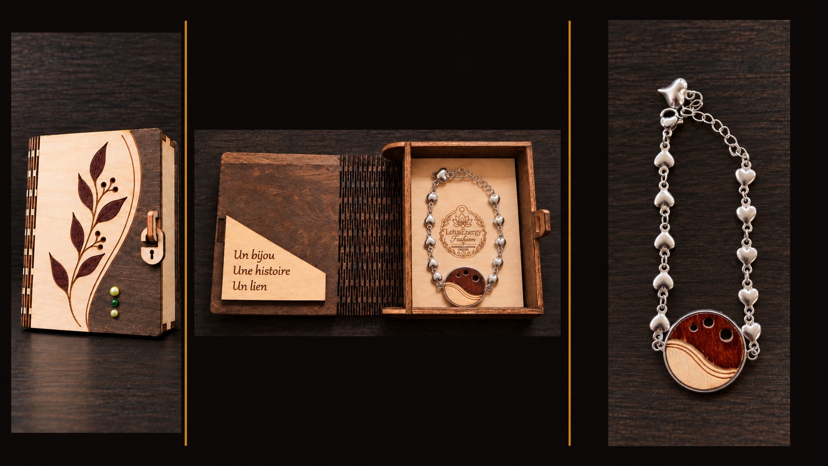 Reference BI 6 — silver-coloured heart-link bracelet with a large wooden medallion and its pale-interior handmade presentation box, shown in three views