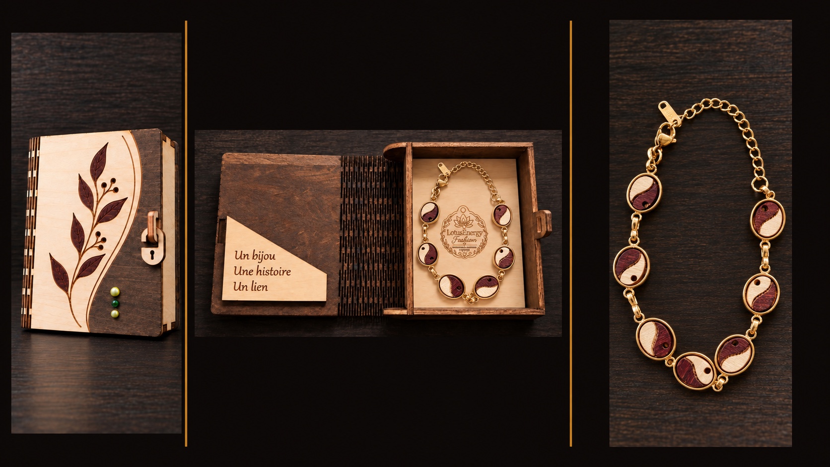 Reference BI 7 — gold-coloured bracelet with seven oval two-tone wooden medallions and its pale-interior handmade presentation box, shown in three views