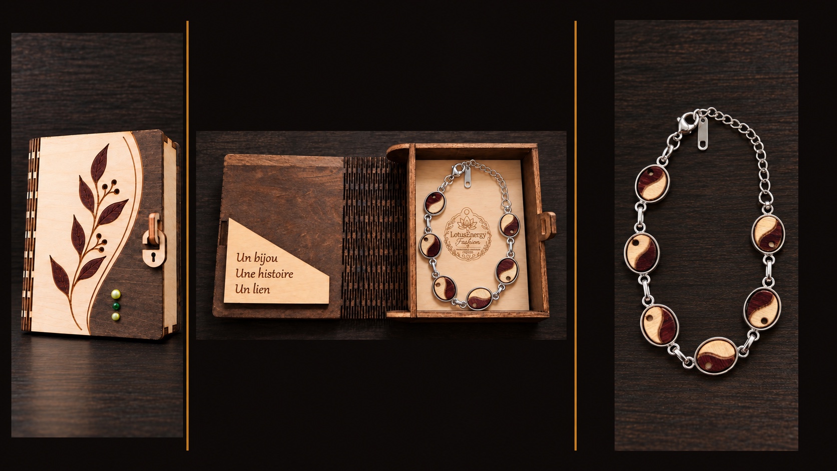 Reference BI 8 — silver-coloured bracelet with seven oval two-tone wooden medallions and its pale-interior handmade presentation box, shown in three views
