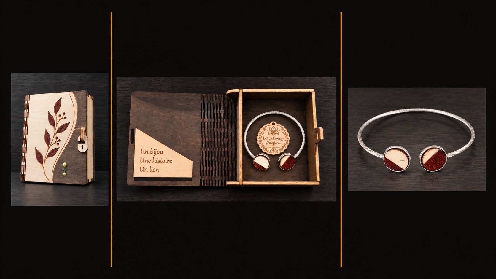 Reference BI 9 — silver-coloured twisted-cable cuff with two wooden medallions and its dark-interior handmade presentation box, shown in three views