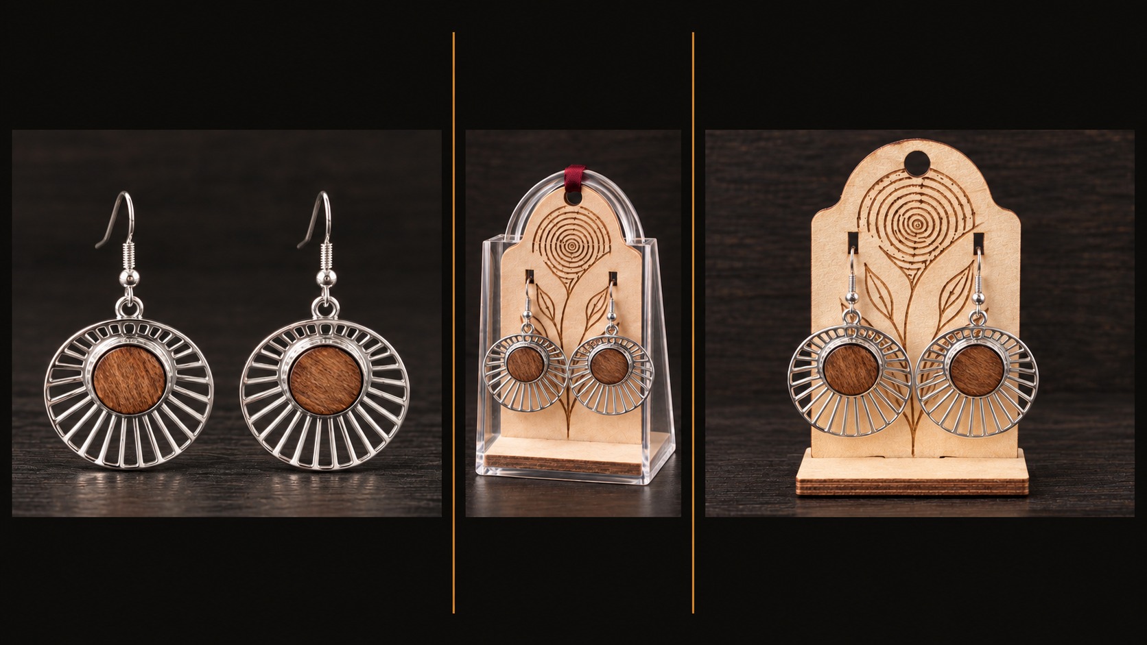 Reference BI 12 — silver-coloured sunburst earrings with round natural-wood centres, shown in three views
