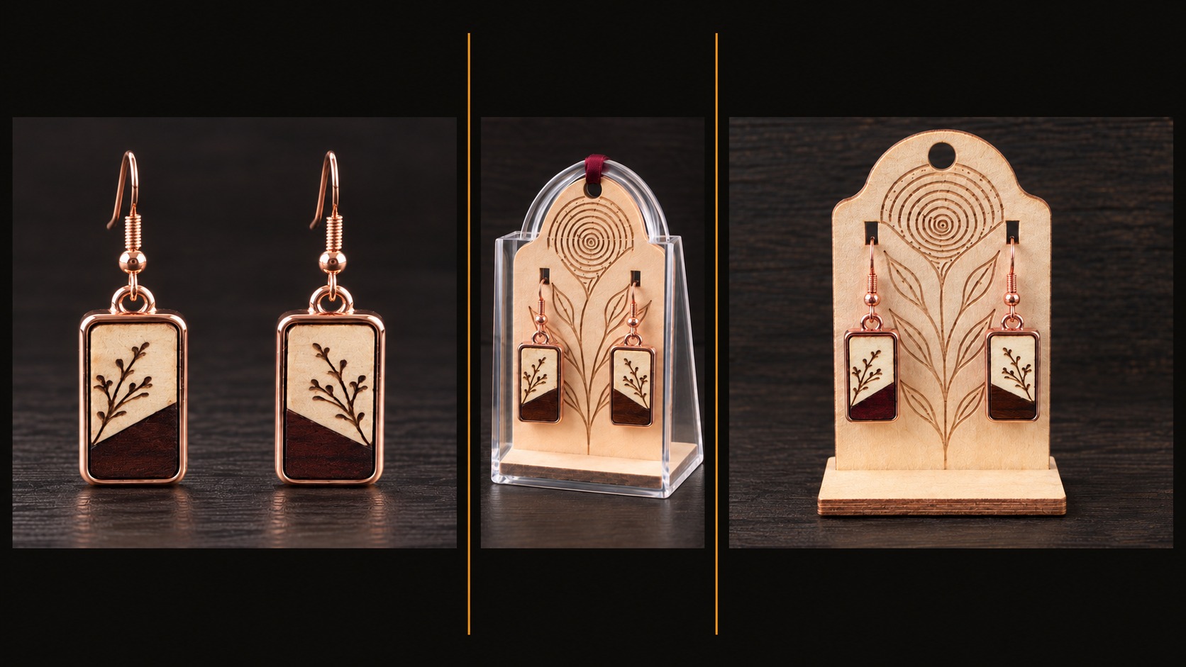 Reference BI 13 — rose-gold-coloured botanical earrings in two-tone wood, shown in three views