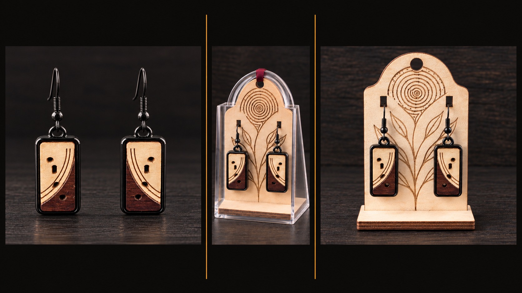 Reference BI 14 — black rectangular earrings with curved two-tone wood, shown in three views