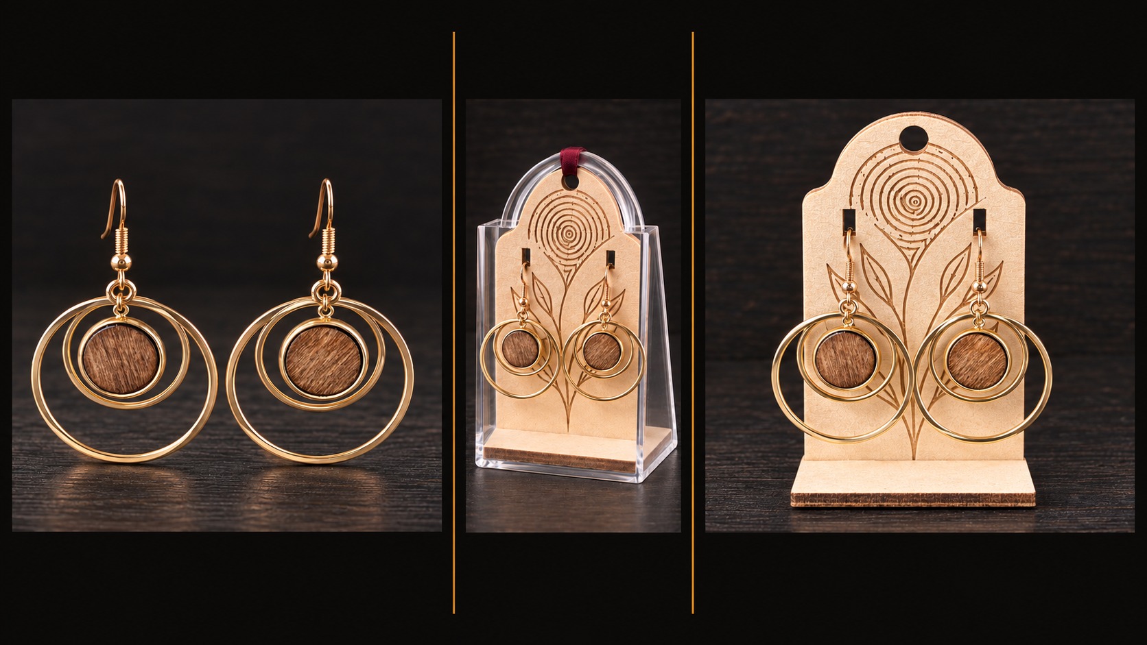 Reference BI 15 — gold-coloured double-hoop earrings with round wooden centres, shown in three views