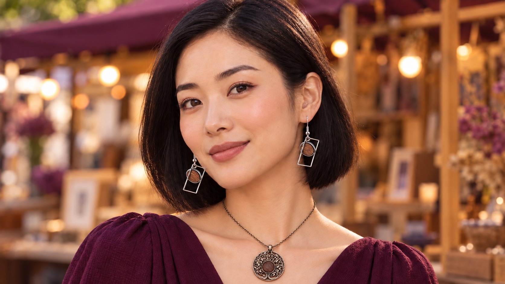 Young woman wearing BI 16 geometric earrings and the BI 36 woodland necklace