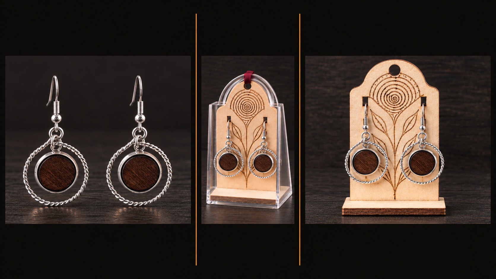 Reference BI 17 — silver-coloured twisted-hoop earrings with natural-wood centres, shown in three views