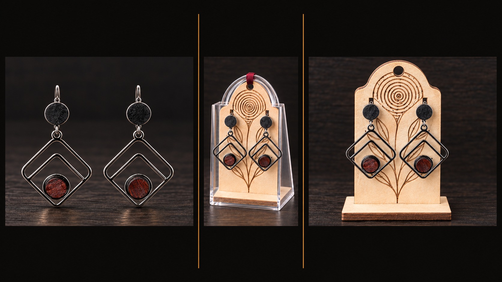 Reference BI 18 — black double-diamond earrings with deep red wooden medallions, shown in three views